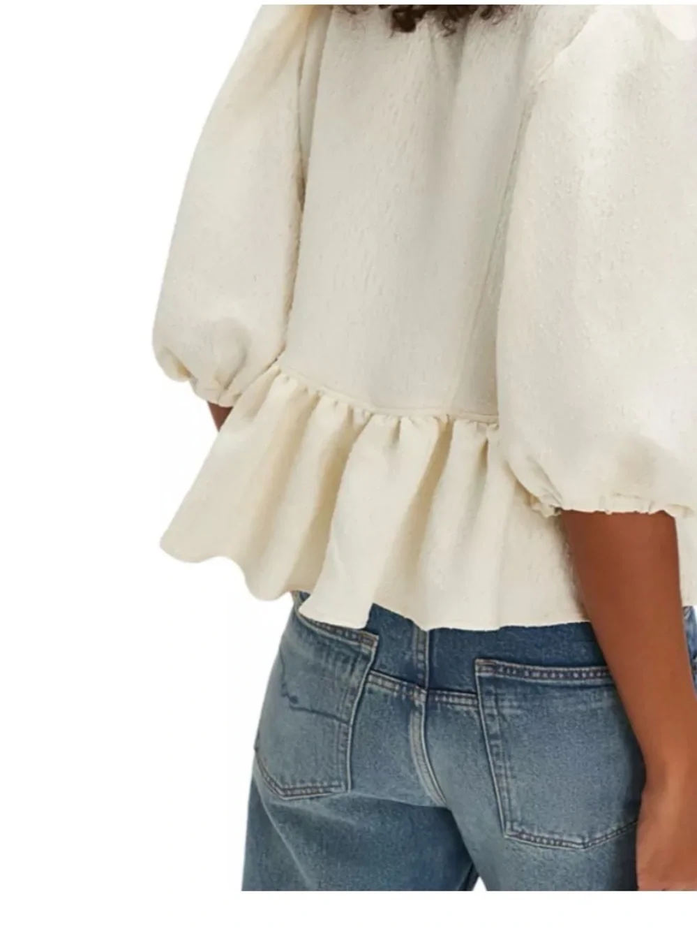 Free People Cream Puff-Sleeve Peplum Top with Black Ribbon